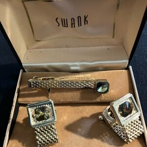 SWANK Gold Cufflinks and Tie Clip Set with color changing stones